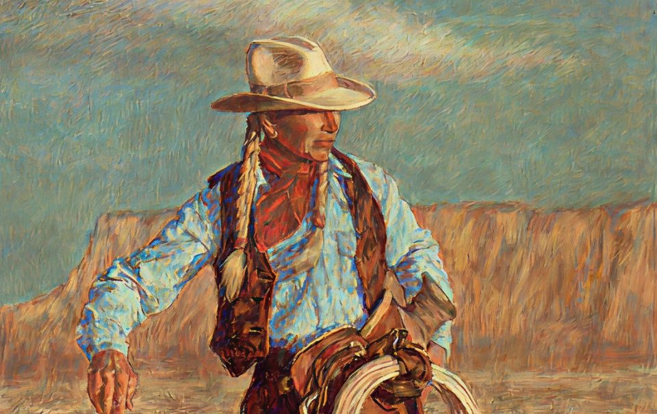 A painting of a cowboy with braided hair, wearing a wide-brimmed hat, blue shirt, red scarf, and brown vest, holding a lasso, standing against a backdrop of mesas and a blue sky.