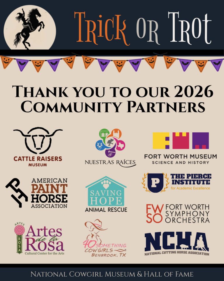 Poster for Trick or Trot shows horse, Halloween bunting, and logos of the 2026 community partners including museums, orchestras, and animal rescues. National Cowgirl Museum & Hall of Fame is at the bottom.