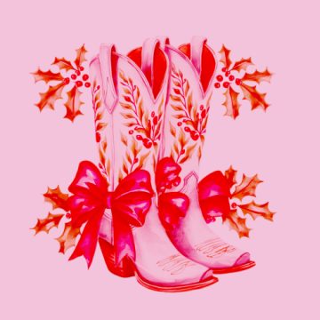 Two pink cowboy boots decorated with holly, red berries, and large red bows, set against a light pink background.