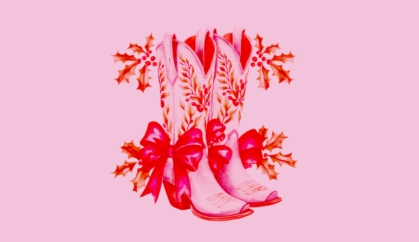 Two pink cowboy boots decorated with holly, red berries, and large red bows, set against a light pink background.