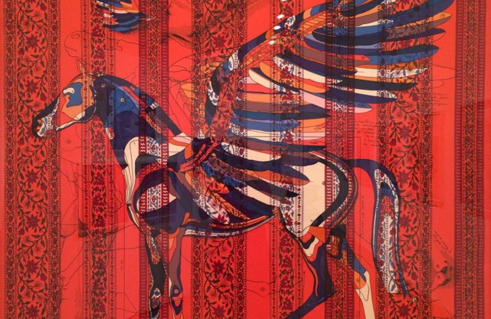 A colorful, abstract depiction of a winged horse is layered over a red background with ornate vertical patterns and floral motifs.