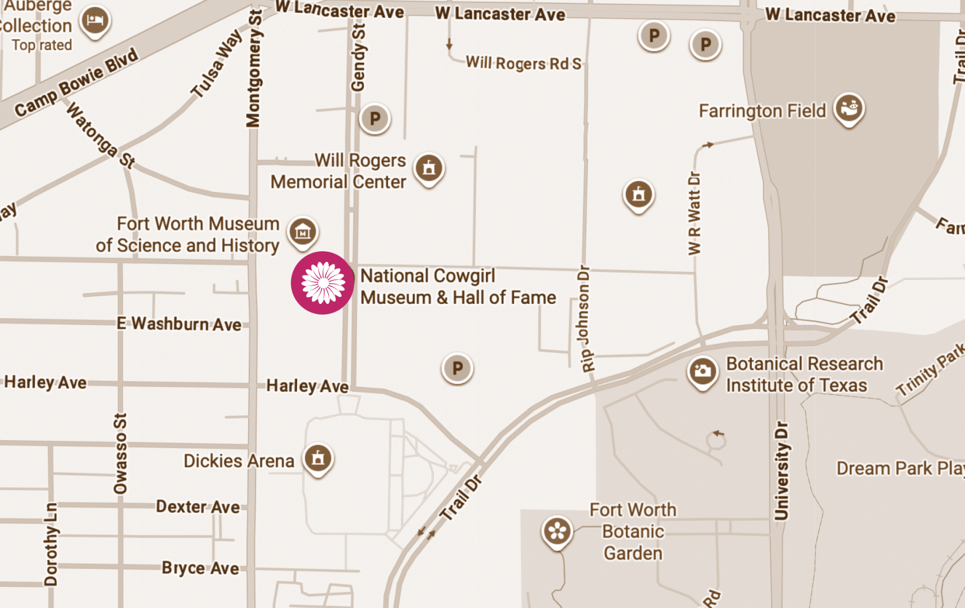A sepia-toned map highlighting the National Cowgirl Museum & Hall of Fame with a flower icon, surrounded by streets and nearby landmarks in Fort Worth, Texas.