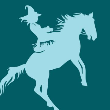 Silhouette of a person wearing a hat, riding a rearing horse, on a teal background.