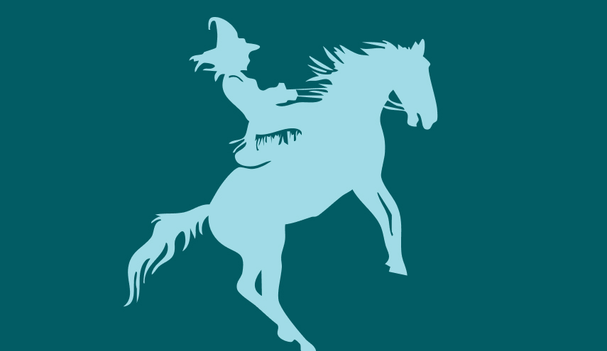 Silhouette of a person wearing a hat, riding a rearing horse, on a teal background.