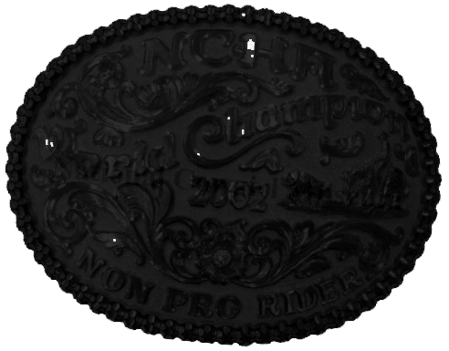 An engraved belt buckle reads NCHA Champion 2021 Non Pro Rider with decorative flourishes and a rope-like border.