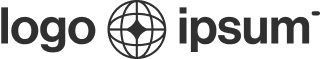 The image shows the words logo ipsum in black, separated by a globe icon with a star shape in the center.