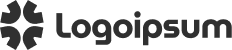 A stylized black logo with four arrow-like shapes forming a circle, next to the text Logoipsum in bold, modern font. The background is light gray.