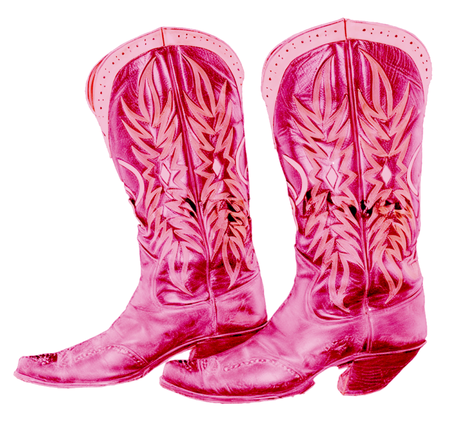 A pair of bright pink cowboy boots with decorative stitching and pointed toes, standing upright on a white background.