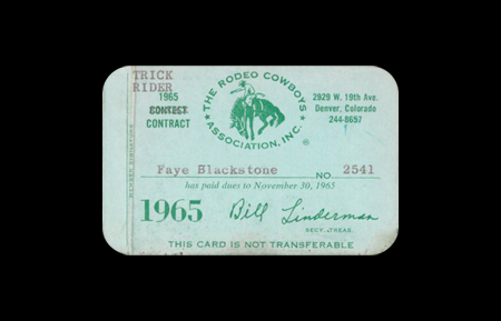 A 1965 Rodeo Cowboys Association trick rider contract card for Faye Blackstone, featuring association details, a cowboy logo, and the signature of Bill Linderman.
