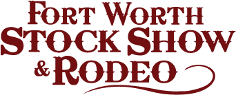 Fort Worth Stock Show & Rodeo logo in bold, dark red, western-style font with swirled decoration under the word Rodeo and barbed wire motif through Stock Show..