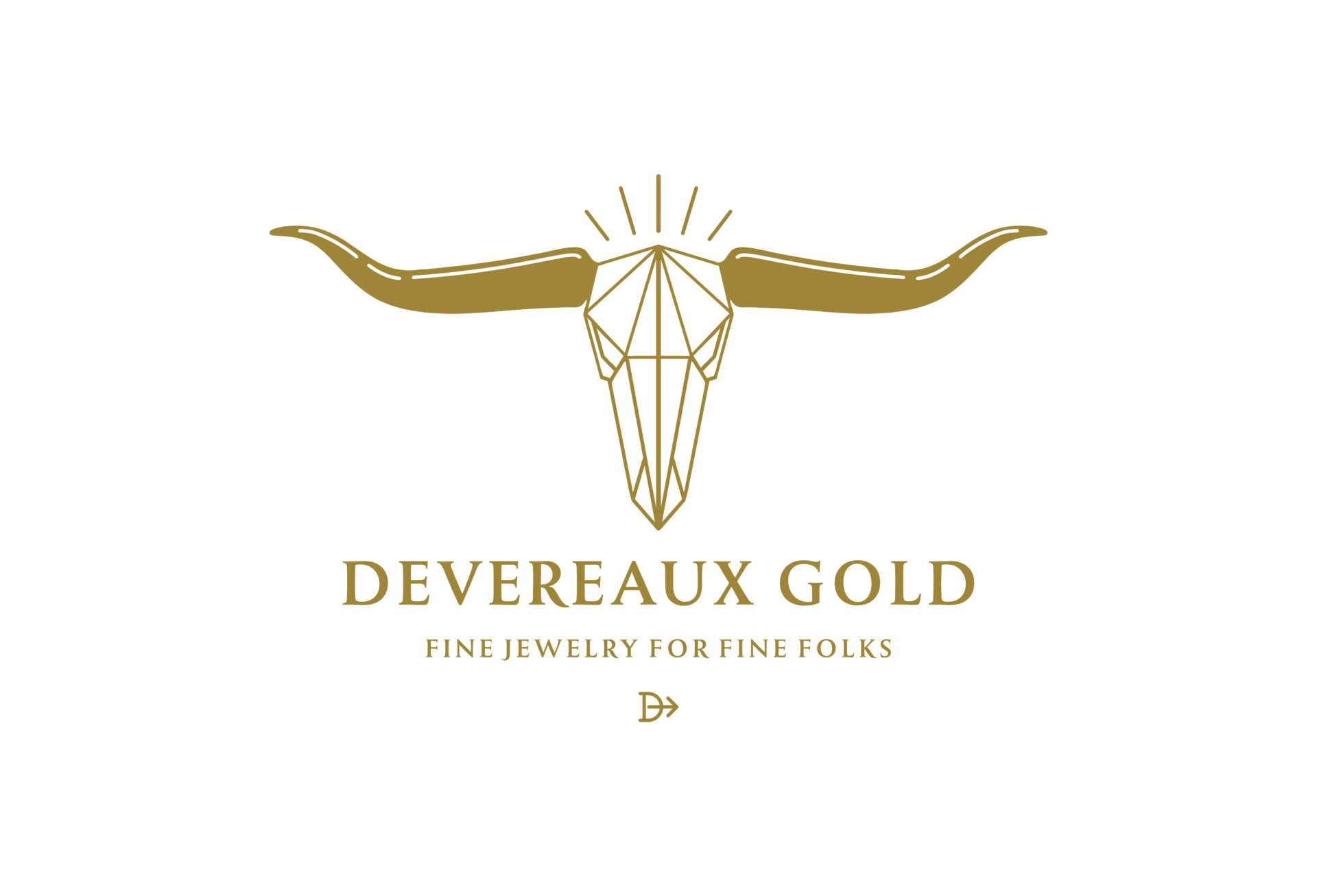 Geometric gold longhorn skull logo on black with sunburst, plus serif text reading DEVERAUX GOLD and FINE JEWELRY FOR FINE FOLKS beneath.