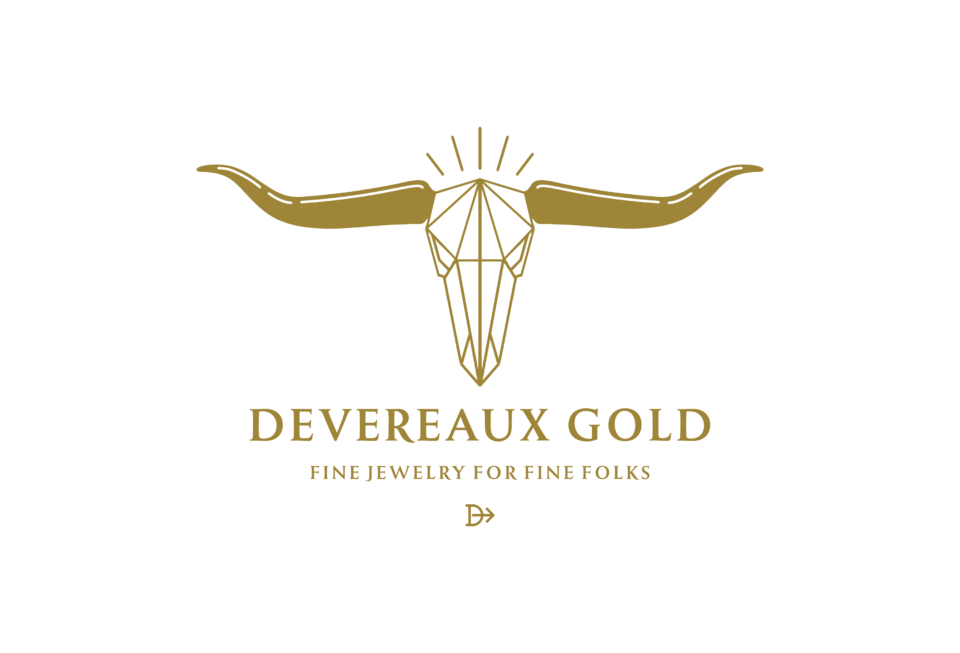 Geometric gold longhorn skull logo on black with sunburst, plus serif text reading DEVERAUX GOLD and FINE JEWELRY FOR FINE FOLKS beneath.