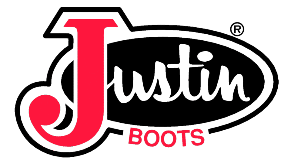Justin Boots logo: large red 'J' with the word 'ustin' in black script inside an oval, 'BOOTS' in red beneath.
