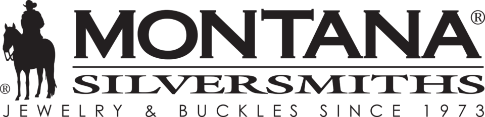 Logo for Montana Silversmiths featuring a silhouette of a cowboy on a horse and text reading Montana Silversmiths Jewelry & Buckles Since 1973..