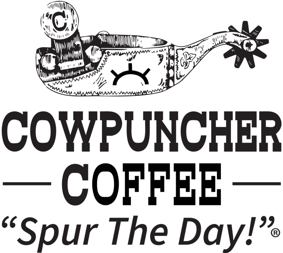 Cowpuncher Coffee logo: a stylized coffee pot with a spur at the end and the slogan 'Spur The Day!'