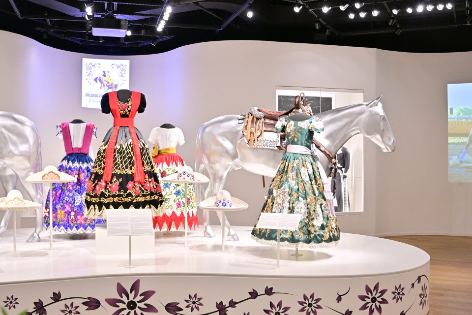 Colorful, traditional dresses are displayed on mannequins beside a silver horse model with a saddle in a well-lit museum exhibit. Informational plaques are placed in front of each dress.