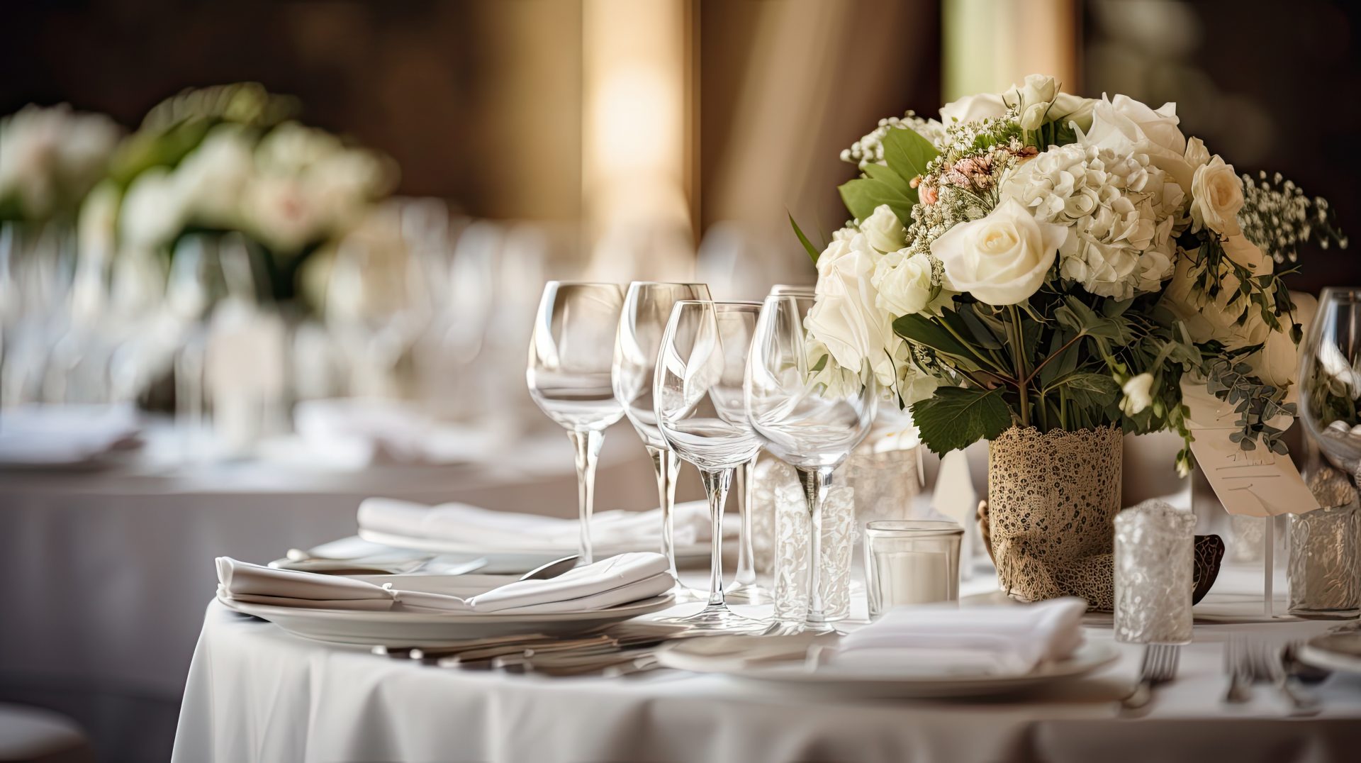 Elegant wedding table set with white linens, wine glasses, plates, and a centerpiece of white roses and greenery, creating a sophisticated and romantic atmosphere.