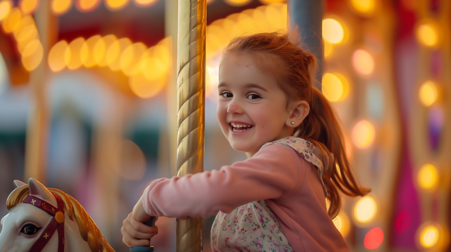 A smiling young girl with light brown hair rides a carousel horse, wearing a pink jacket and floral dress, with golden lights softly glowing in the background.