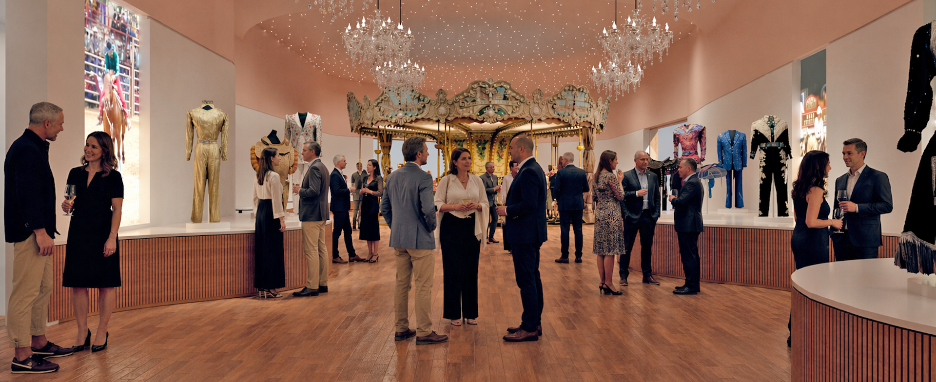 Elegant guests in semi-formal attire mingle and chat at an art exhibit, with costumes on display and a bright carousel in the background under chandeliers and twinkle lights.