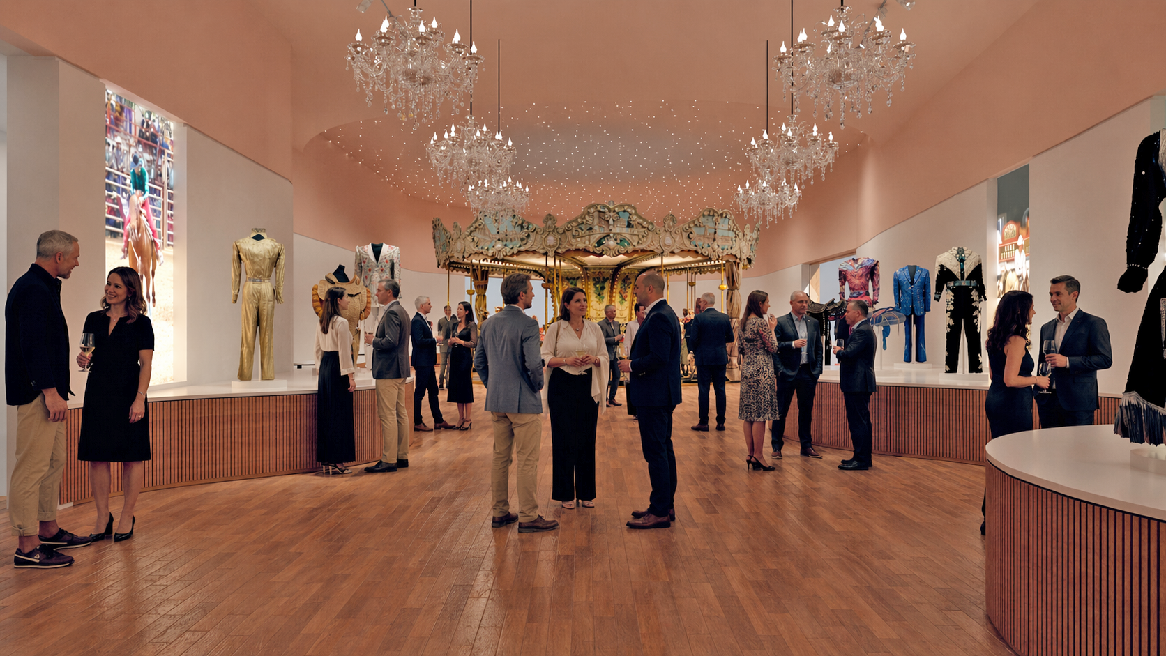 People dressed formally gather in a museum-like room with chandeliers, a carousel display, and costumes on the walls. Groups are talking and holding drinks on a polished wooden floor.