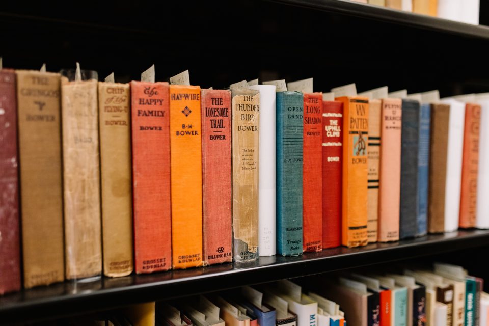 A row of vintage hardcover books with colorful spines lined up on a black shelf, showing various titles and authors.