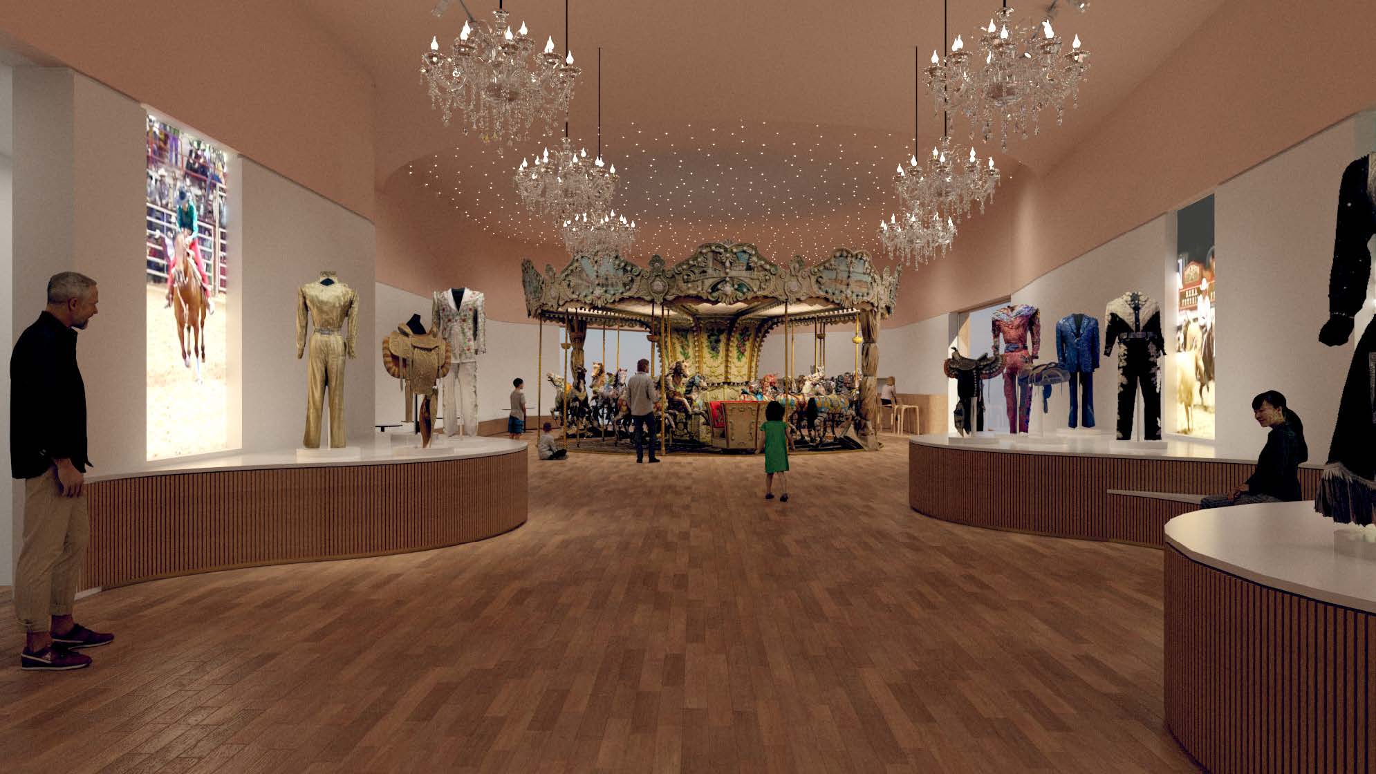 A spacious exhibit hall with chandeliers, costume displays on both sides, people observing, and a carousel centerpiece under a starry ceiling.