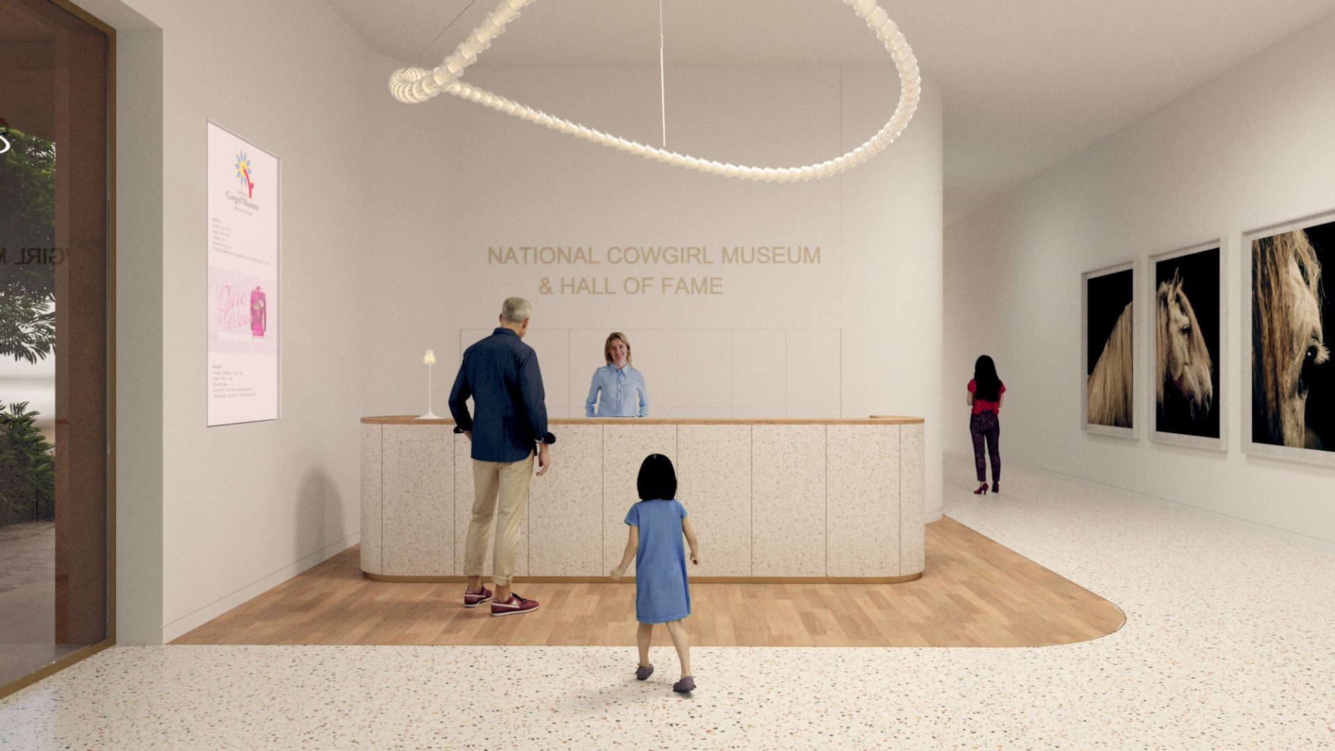 A man and child approach a reception desk at the National Cowgirl Museum & Hall of Fame. A receptionist stands behind the desk, and two people view horse photos on the wall. Modern decor and a curved light fixture are visible.