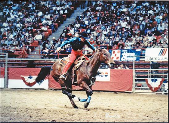 Cowboy on a bucking horse performing in a rodeo arena as a crowded stands watches.