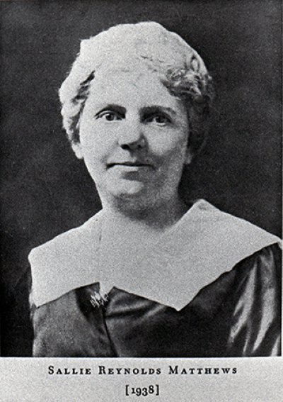 Black-and-white studio portrait of Sallie Reynolds Matthews, labeled 1938.