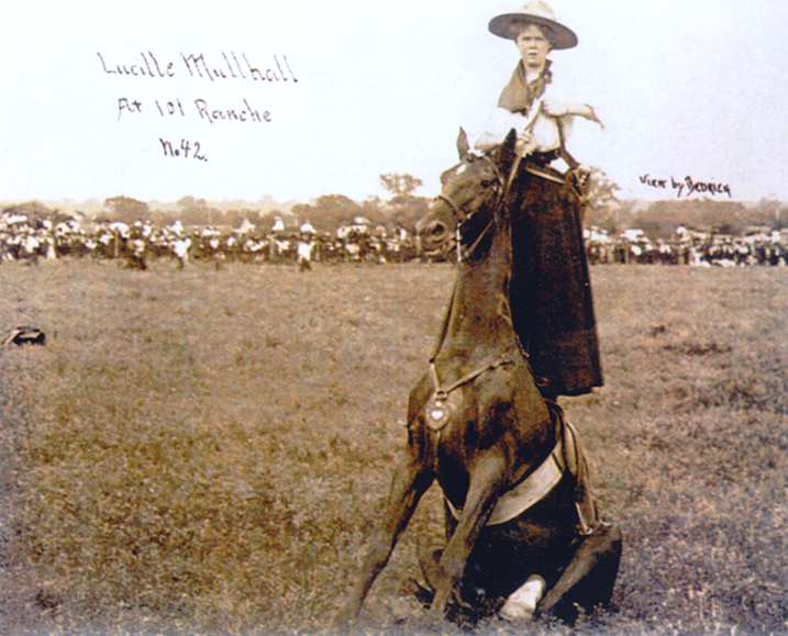 Trick rider standing on the back of a rearing horse in an open field, with a crowd watching in the background.