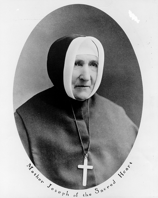 Portrait of a Catholic nun wearing a habit and a large cross necklace, framed in an oval border. Caption reads 'Mother Joseph of the Sacred Heart'.