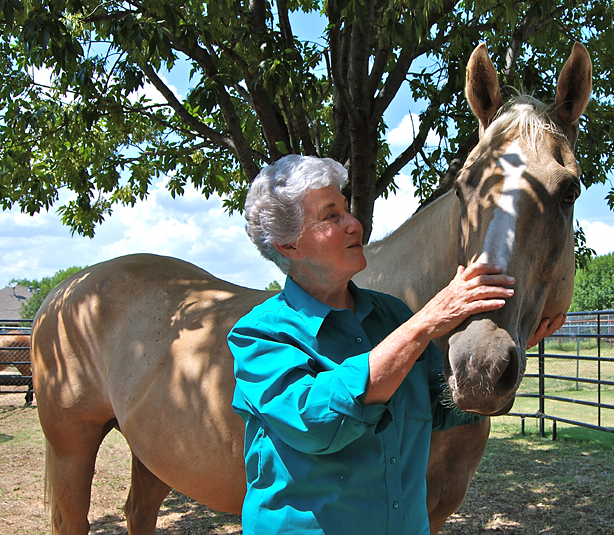 Older woman in a turquoise shirt gently stroking the horse's neck in a sunny outdoor paddock under a leafy tree.