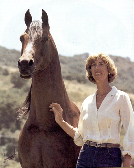 A woman in a white blouse standing beside a brown horse outdoors on a sunny hillside.