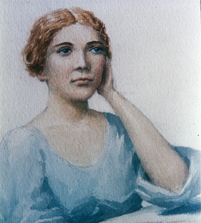 Watercolor portrait of a thoughtful woman with short red hair wearing a blue dress, resting her head on her hand.