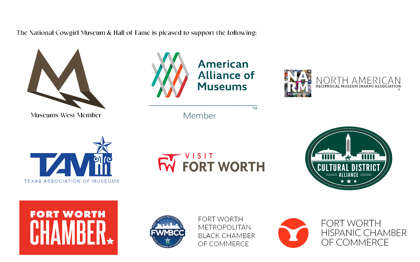 Sponsor logos for The National Cowgirl Museum & Hall of Fame, including Museums West, American Alliance of Museums, NARM, TAM, Visit Fort Worth, Cultural District Alliance, and local Chambers of Commerce.