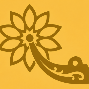 Gold ornamental flower motif with curved leaf petals on an orange background, decorative border element