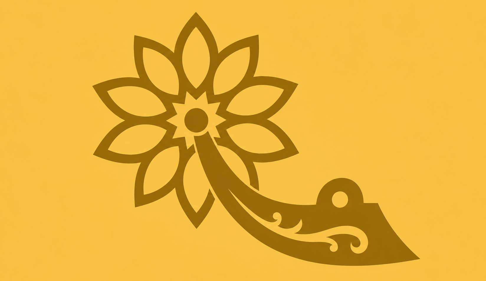 Gold ornamental flower motif with curved leaf petals on an orange background, decorative border element