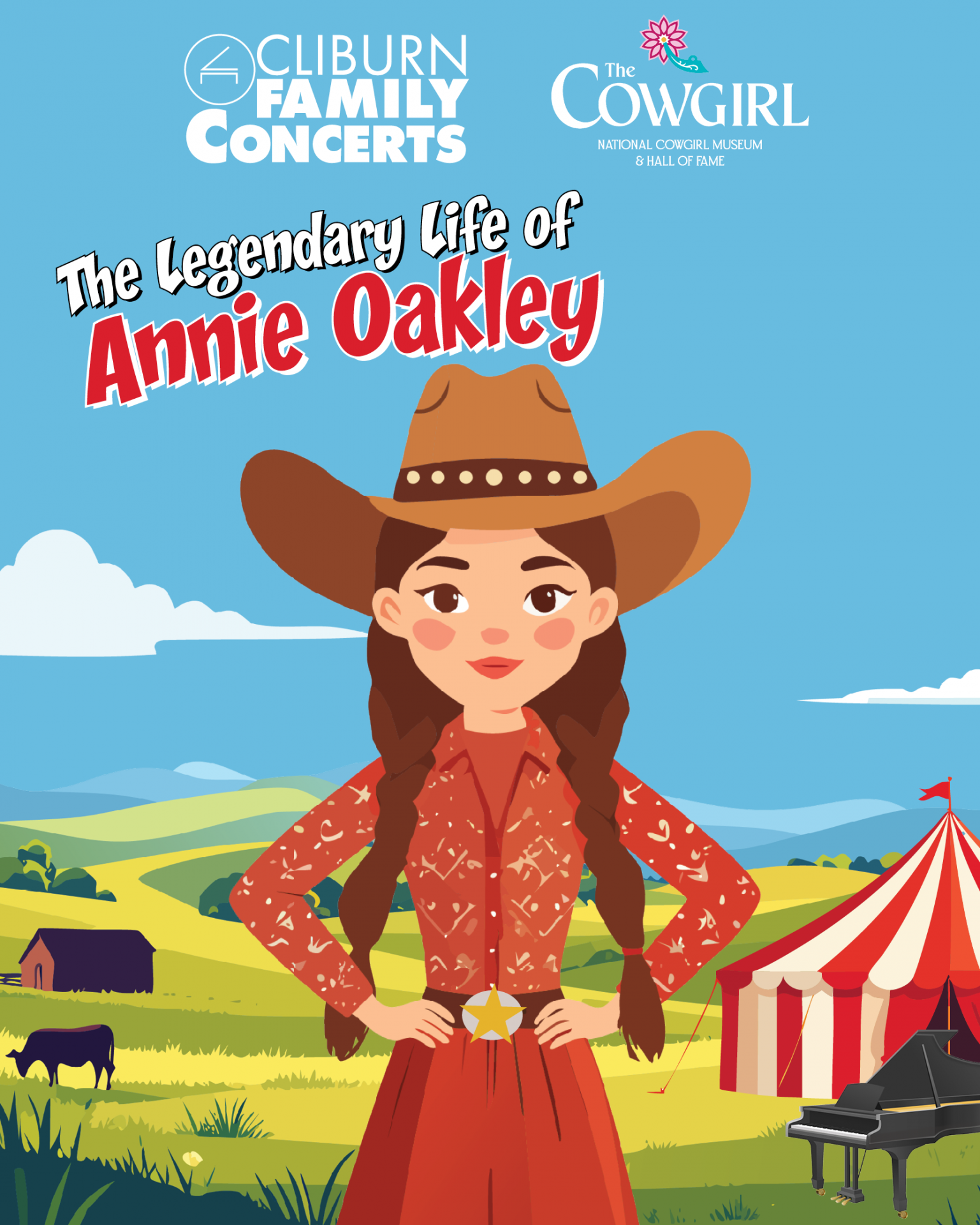 Poster for The Legendary Life of Annie Oakley featuring a cartoon cowgirl with braids in a red dress, in a sunny western landscape with tents and hills.