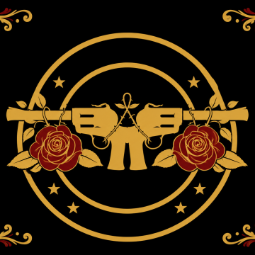 Logo featuring two gold revolvers crossed over a red rose, framed by circular gold rings and decorative corner flourishes on a black background.