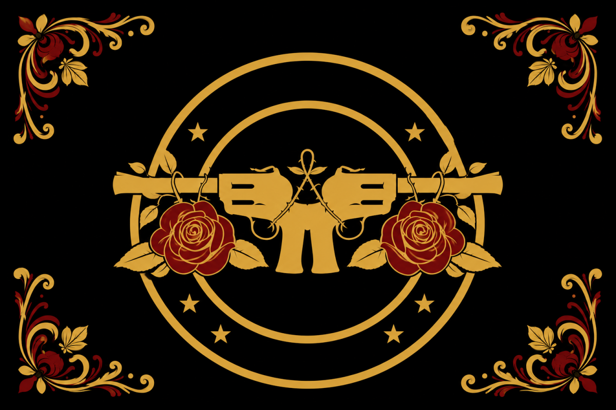 Logo featuring two gold revolvers crossed over a red rose, framed by circular gold rings and decorative corner flourishes on a black background.