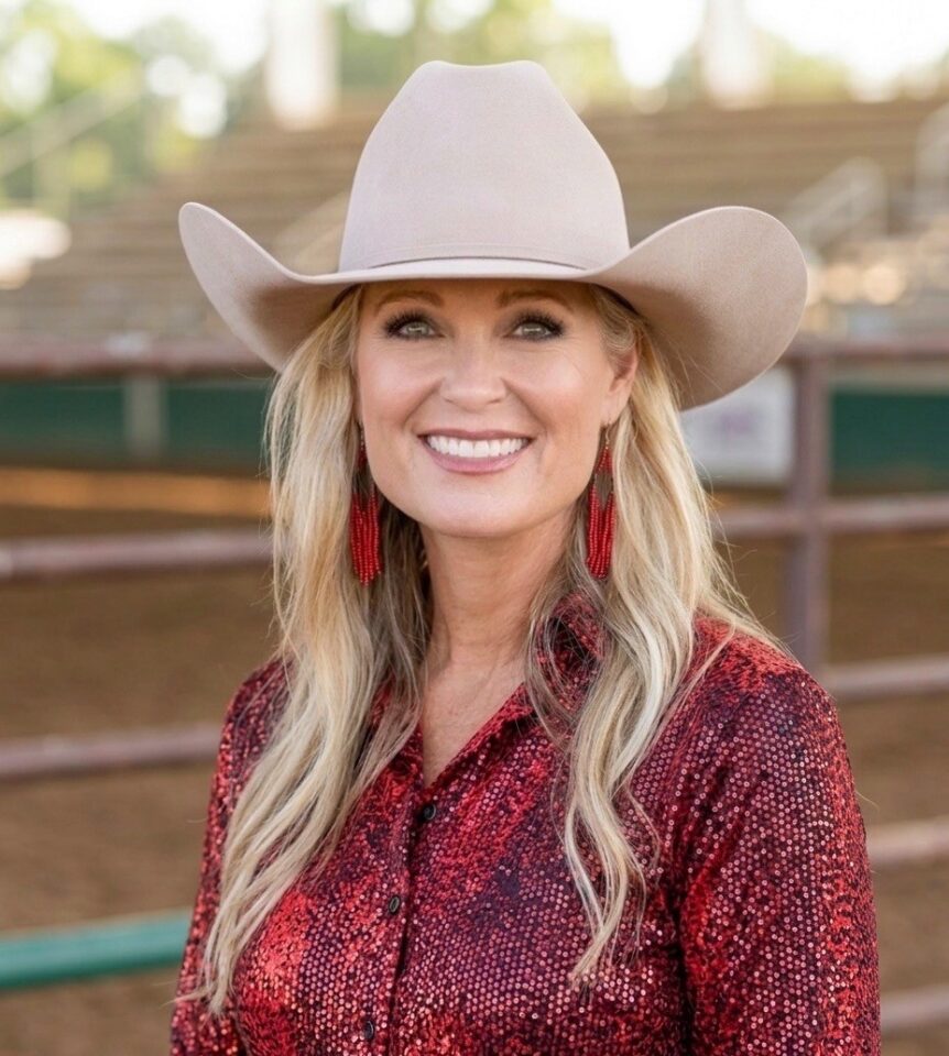 Smiling woman in a beige cowboy hat and red patterned shirt outdoors at a ranch, with long blonde hair and red earrings.