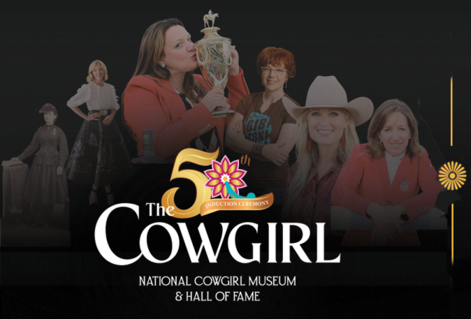 Promotional banner for The Cowgirl Museum’s 50th induction ceremony with several women, a trophy, and 'Save the Date' November 5, 2026.