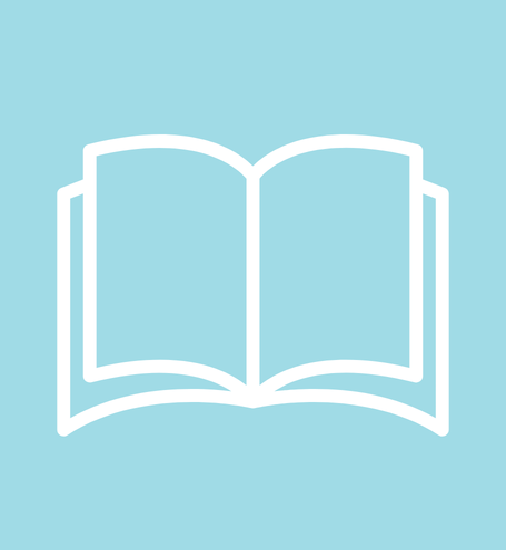 A simple white outline of an open book on a light blue background.