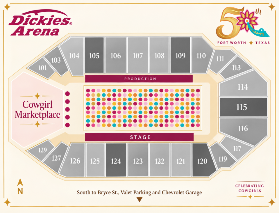 Arena seating chart for Dickies Arena in Fort Worth, Texas, with labeled sections, a central stage, Cowgirl Marketplace area, and dots representing seats. Arena logos and celebrating cowgirls graphic are also shown.