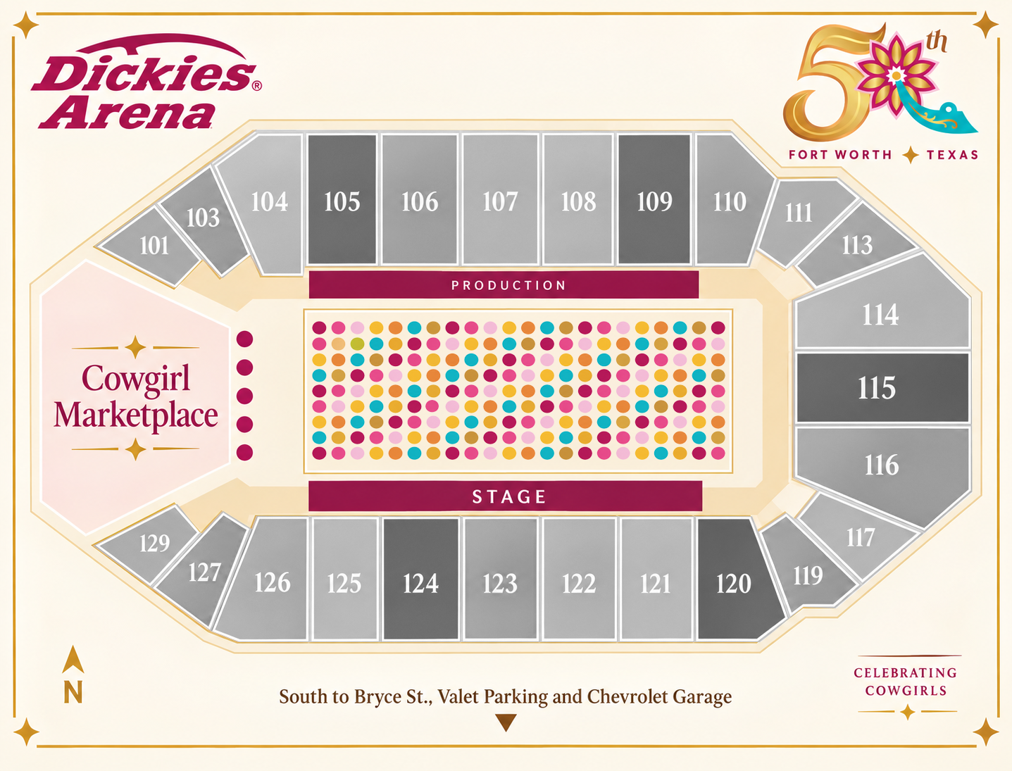 Arena seating chart for Dickies Arena in Fort Worth, Texas, with labeled sections, a central stage, Cowgirl Marketplace area, and dots representing seats. Arena logos and celebrating cowgirls graphic are also shown.