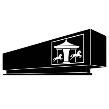 A black rectangular structure with a white silhouette of a carousel featuring two horses and a canopy on its side. The background is plain white.