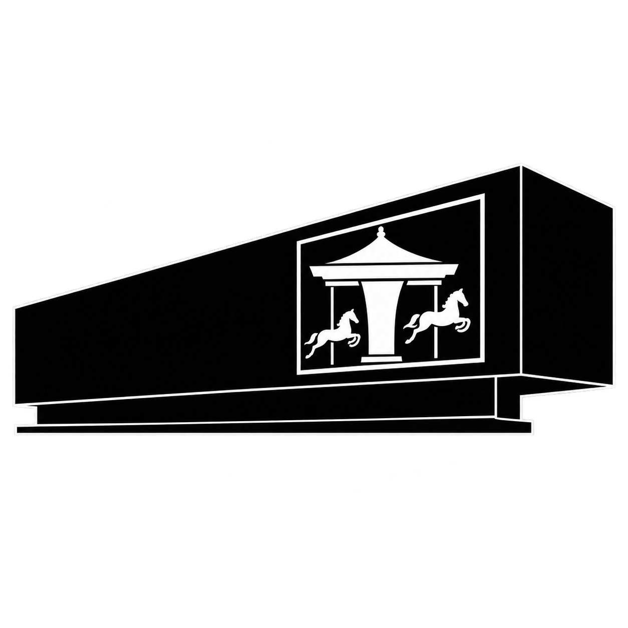 A black rectangular structure with a white silhouette of a carousel featuring two horses and a canopy on its side. The background is plain white.