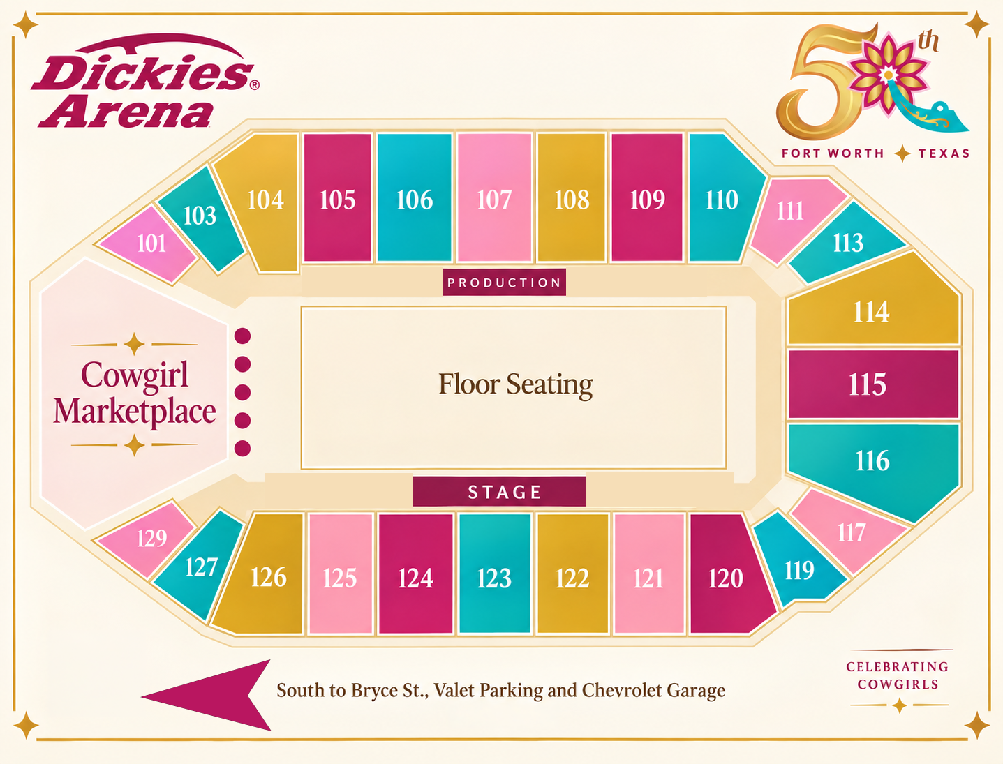 Seating chart for Dickies Arena showing colorful sections, stage at the bottom, production area at the top, Cowgirl Marketplace to the left, and floor seating in the center. 50th anniversary logo in the top right corner.