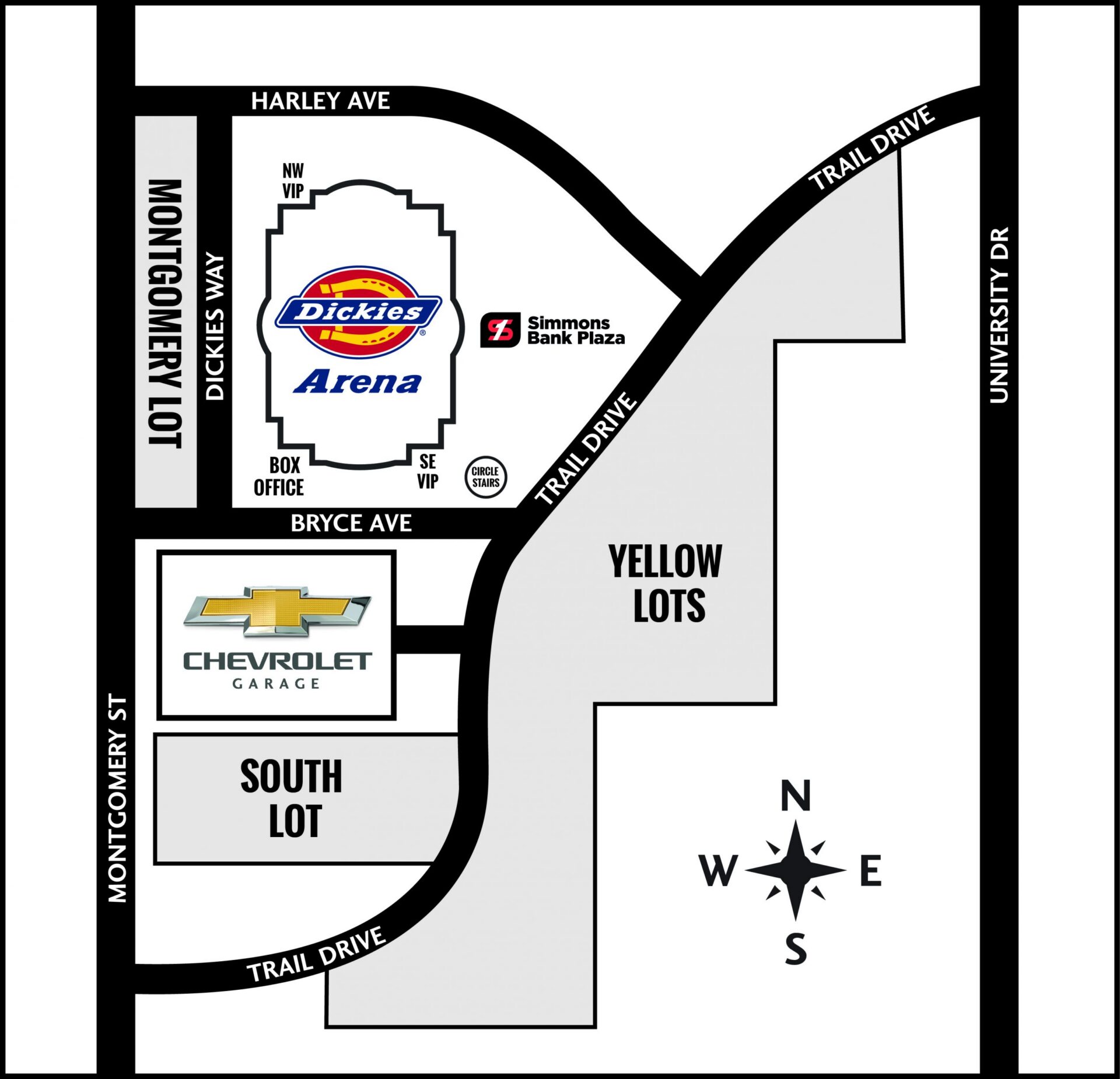 Map showing Dickies Arena with surrounding parking: Montgomery Lot to the west, South Lot to the south, Yellow Lots to the east, and labeled streets including Harley Ave, Bryce Ave, and Trail Drive. Compass rose at bottom right.