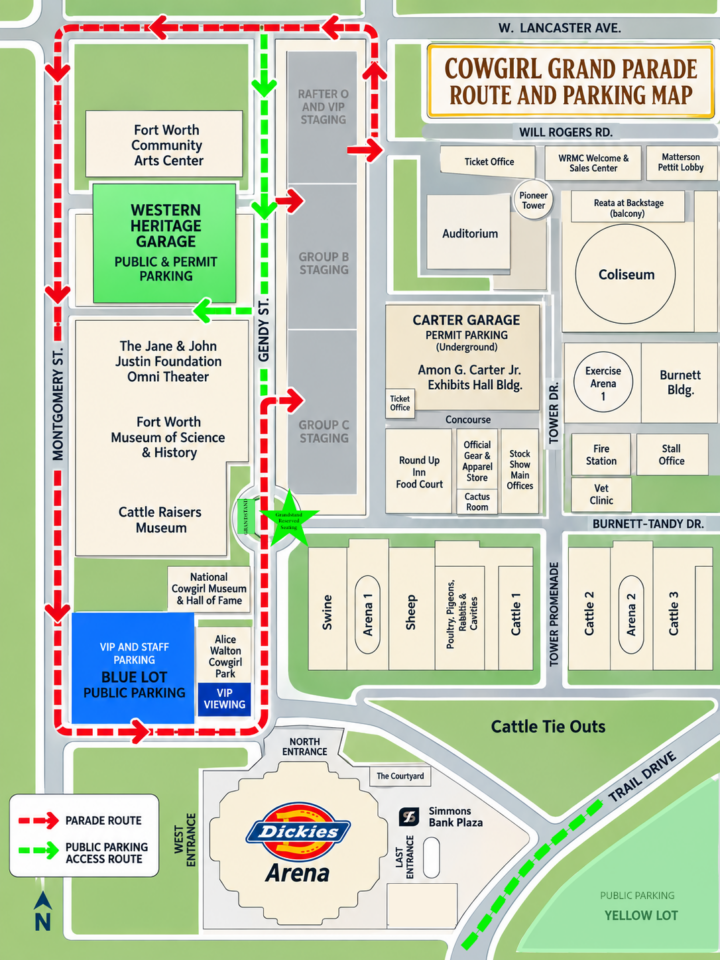 Map showing the Cowgirl Grand Parade route in red, public and VIP parking areas, and nearby landmarks like Dickies Arena, museums, and parking garages. Green arrows indicate parking access routes.